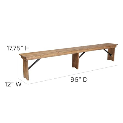 Hercules Series 8' x 12' Commercial Grade Rustic Solid Pine Folding Bench, Antique Farmhouse 3 Leg Dining Bench, Seats up to 4 Adults | Foldable Locking Legs