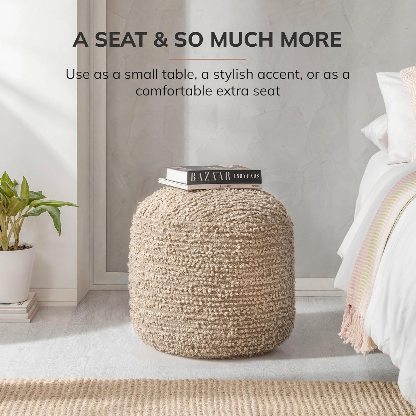 Artisan Crafted Cotton Blend Pouf Ottoman | Versatile Floor Seating & Footstool for Living Room | Modern Boho Home Décor Accent | Filled Pouffe