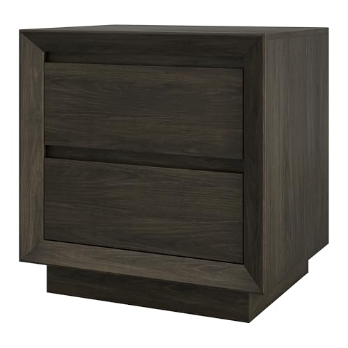 24" Nightstand Side Table, Rich Brown | 2-drawer end table with soft-glide drawers, beveled edge detailing, and a plinth base for bedroom, living room, or office