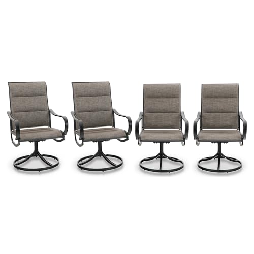 Swivel Patio Dining Chairs Set of 4, Padded Textilene Mesh, Brown | High back ergonomic backrest with padded seat. All-weather black E-coated metal frame for patio, outdoor, deck, lawn, garden