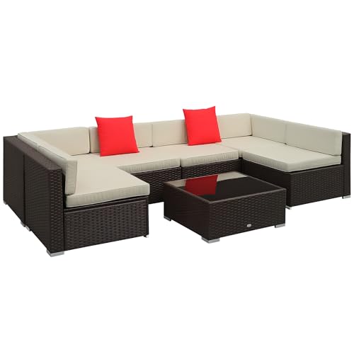 7 Piece Patio Furniture Set, Wicker Outdoor Sectional Sofa Set, All Weather PE Rattan Outdoor Furniture Conversation Sets with Cushions, Glass Top Coffee Table, Pillows, Cream White