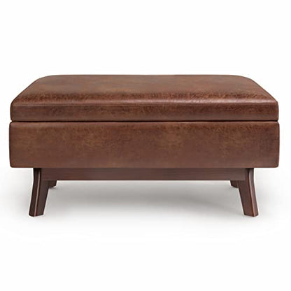 Owen Small Rectangular Storage Ottoman - 36 inch Wide Upholstered Vegan Leather Lift-Top Ottoman in Distressed Saddle Brown, Mid-Century Modern Ottoman for Living Room with Tufted Detail