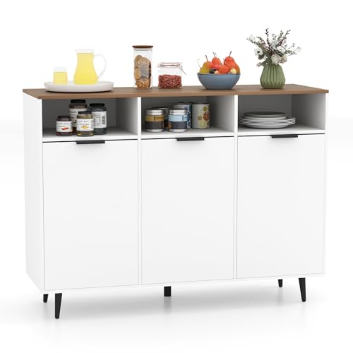 Sideboard Cabinet - 47” Buffet Cabinet with Storage Compartments, Countertop, 3 Doors Kitchen Cabinets, Modern Furniture for Living Room, Entryway, Coffee Bar (White & Natural)