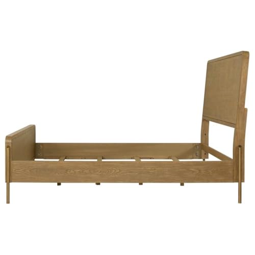 California King Panel Bed, Sand Wash Finish, Woven Rattan Cane Panels, Rubberwood and Metal Frame, Mid-Century Modern Style, Sturdy Bedroom Furniture, 56" H x 65.25" W x 90" D