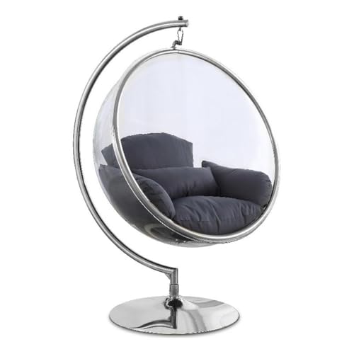 Meridian Furniture 507Grey Luna Collection Modern | Contemporary Clear Acrylic Accent Swing Chair with Durable Metal Base and Fabric Seat, Grey, Chrome Finish, 41.5" W x 29.5" D x 64" H