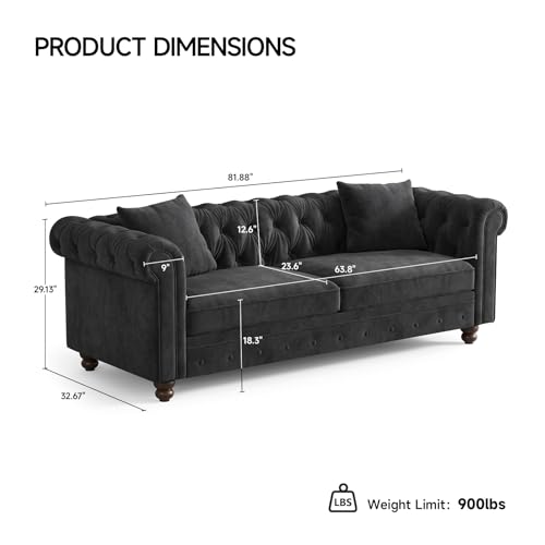 82 Inch Chesterfield Sofa, 23 Inch Deep Seat Velvet Couch for Living Room, Button Tufted Couch with Rolled Arms, 2 Throw Pillows, Comfy Vintage Loveseat Sofa for Apartment, Black