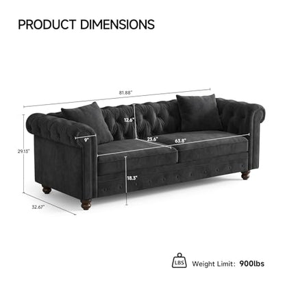 82 Inch Chesterfield Sofa, 23 Inch Deep Seat Velvet Couch for Living Room, Button Tufted Couch with Rolled Arms, 2 Throw Pillows, Comfy Vintage Loveseat Sofa for Apartment, Black