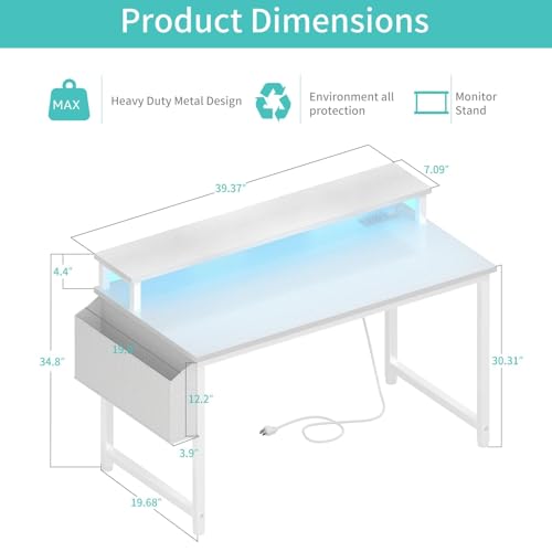 White Computer Desk with LED Lights and Power Outlets, view 4