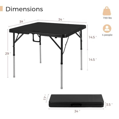 34" Folding Card Table Square Foldable Table Plastic Portable with Detachable Legs, Dual Height Adjustable, Heavy-Duty Indoor Outdoor Dining, Game, Picnic, Mahjong Tables-Black