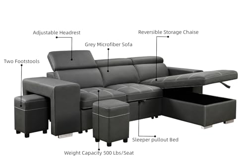 Charcoal Grey L-Shaped Sofa with Pullout Bed and Storage, view 6