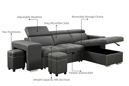 Charcoal Grey L-Shaped Sofa with Pullout Bed and Storage, view 6