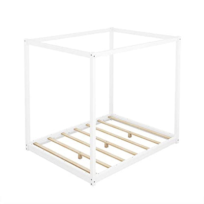 Queen Size Canopy Bed, Wood Queen Platform Floor Bed with Slat Support, view 8