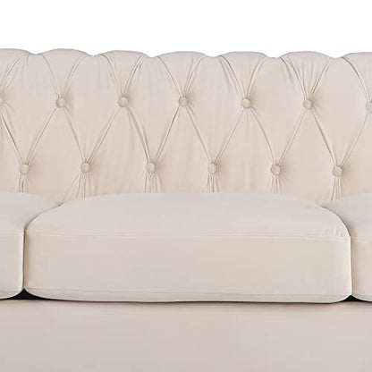 Velvet Chesterfield Sofa, Classic Tufted Upholstered Couch, Modern 3 Seater Couch Long Settee Furniture with Tufted Back for Living Room Office (Beige)
