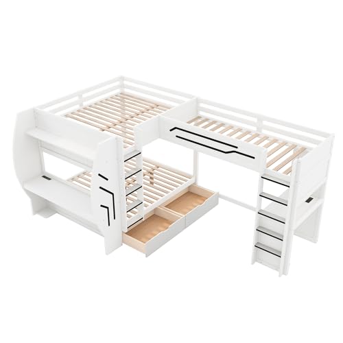 JIVOIT L-Shaped 3 in 1 Bunk Bed, Full & Twin Size Gaming Bunk Bed with Built-in Desks and Pegboard Organizer, Ladders, Storage Drawers and Open Shelve, Multi-User Bunk Bed for Kids Teens (White/62)