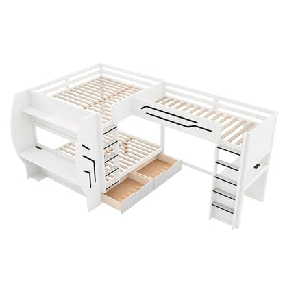 JIVOIT L-Shaped 3 in 1 Bunk Bed, Full & Twin Size Gaming Bunk Bed with Built-in Desks and Pegboard Organizer, Ladders, Storage Drawers and Open Shelve, Multi-User Bunk Bed for Kids Teens (White/62)