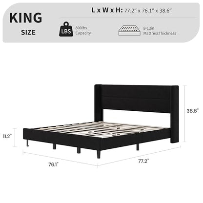 King Size Bed Frame with Wingback Headboard, Velvet Upholstered BedFrame, view 3