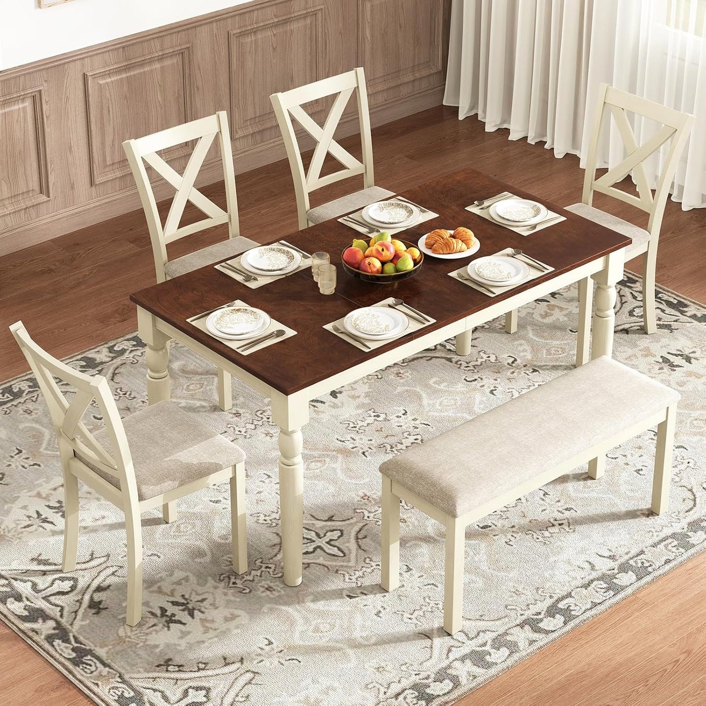 6-Piece Farmhouse Dining Table Set, 60” Solid Wood Table, 4 Upholstered Chairs and Bench, Rustic White and Walnut Finish, Seating for 6, for Kitchen or Dining Room