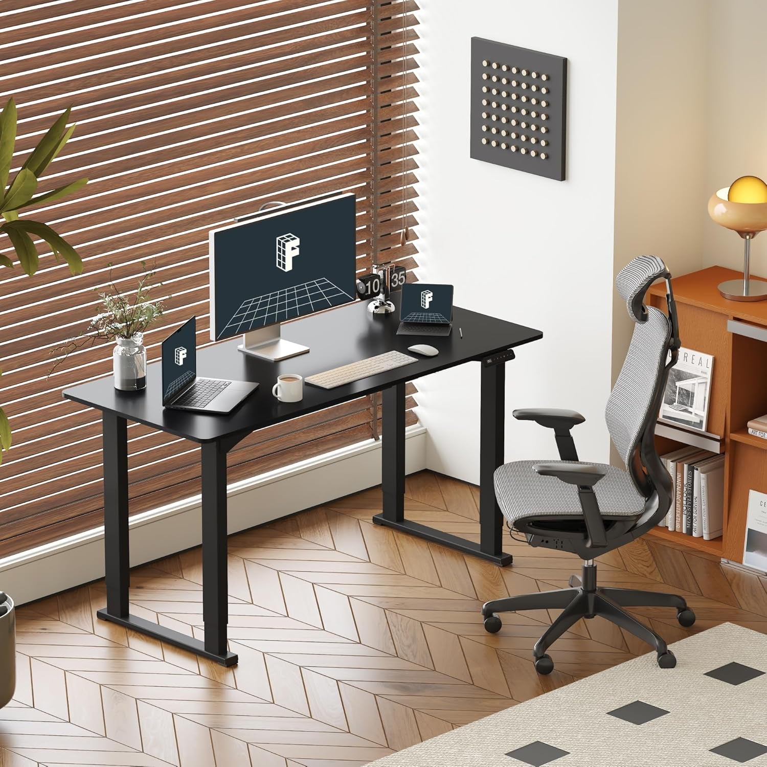4 Legs Standing Desk 63 X 28 Inch Electric Adjustable Height with Splice Board Home Office Sit Stand up Desk, Black Top + Black Frame