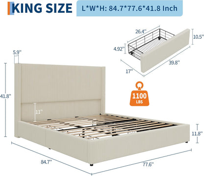 King Size Bed Frame with Storage Drawers, Corduroy Upholstered Platform Bedframe with Wingback, Headboard and Footboard, No Box Spring Needed, Beige