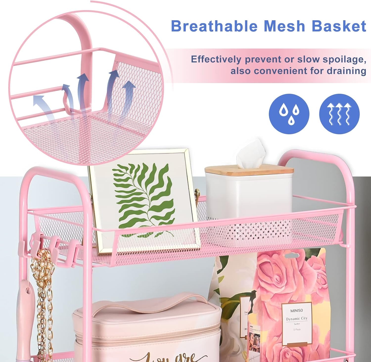 4 Tier Rolling Utility Cart - Durable Metal Design Pink Utility Cart, Storage Trolley on Wheels with 3 Hooks, Perfect for Kitchen, Bathroom & Laundry Room Organization