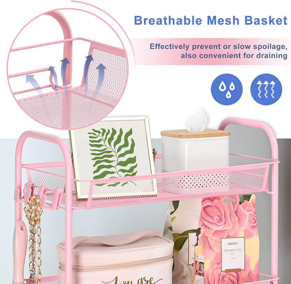 4 Tier Rolling Utility Cart - Durable Metal Design Pink Utility Cart, Storage Trolley on Wheels with 3 Hooks, Perfect for Kitchen, Bathroom & Laundry Room Organization