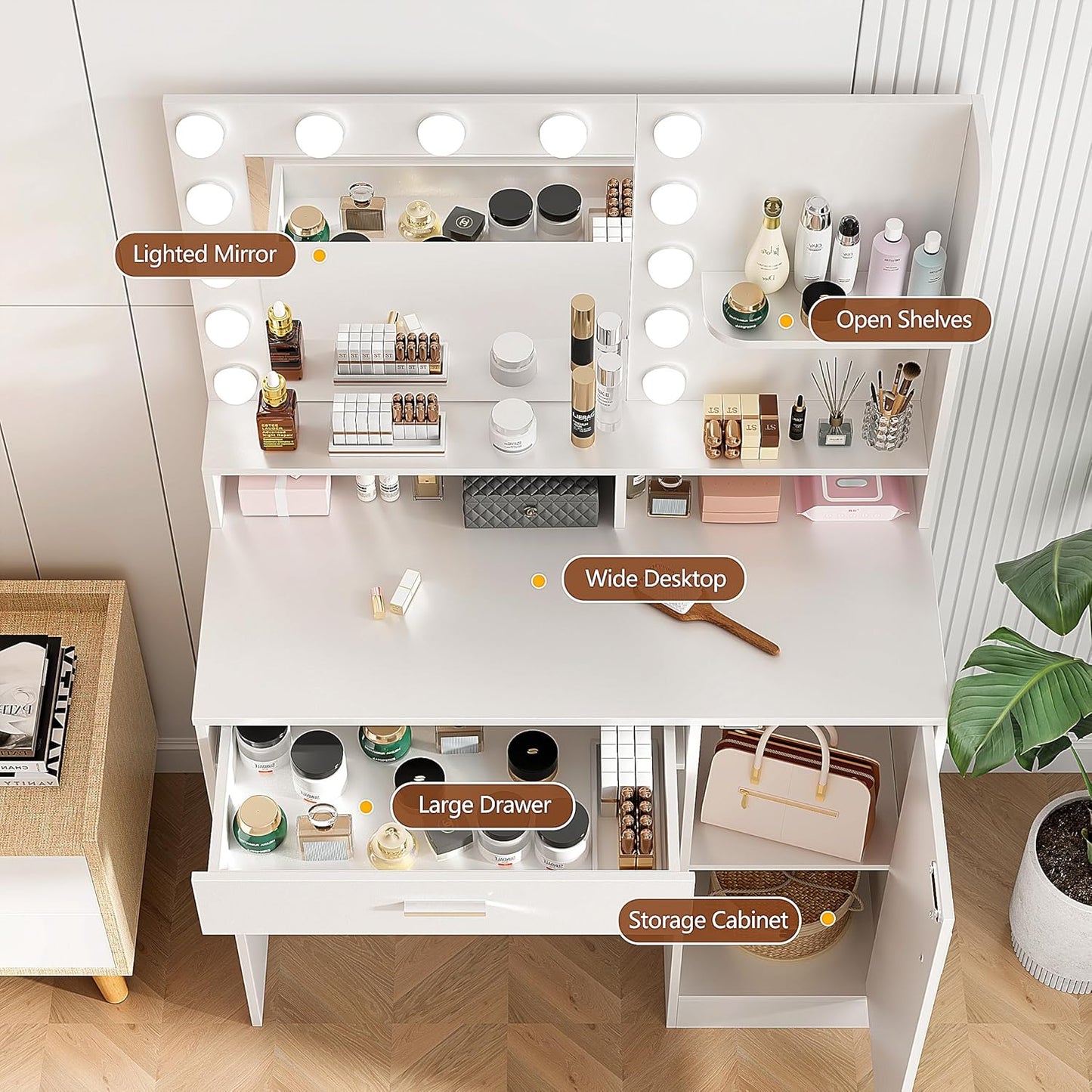 Vanity Desk with Mirror & Lights, White Makeup Desk with Drawers & Cabinet, 3 Lighting Modes & 10 Brightness, Vanity for Bedroom & Dressing Room