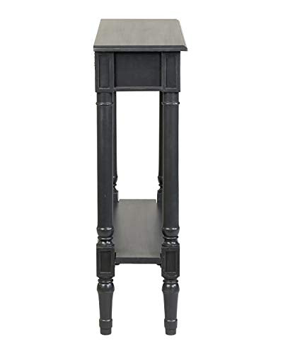 Marisol Black Narrow Console Table for Entryway with Drawer | 31.5-inch slim sofa table with lower shelf, solid wood frame, distressed finish, hallway storage for small spaces