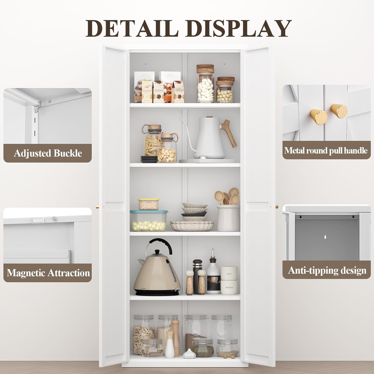71" H Kitchen Pantry Storage Cabinet, Metal Food Pantry Cabinets with Doors and Adjustable Shelves, White Kitchen Storage Cabinet, Cupboard for Dining Room, Living Room and Bathroom