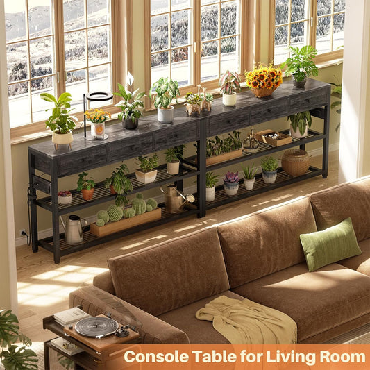 47'' Entryway Table with Outlets and USB Ports, Console Table with 3 Drawers, Sofa Table Narrow Long with Storage Shelves for Living Room, Couch, Hallway, Foyer, Kitchen Counter, Grey