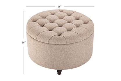 Classic 28-Inch Wide Button Tufted Round Storage Ottoman Footstool with Lift Off Lid, Light Brown Fabric