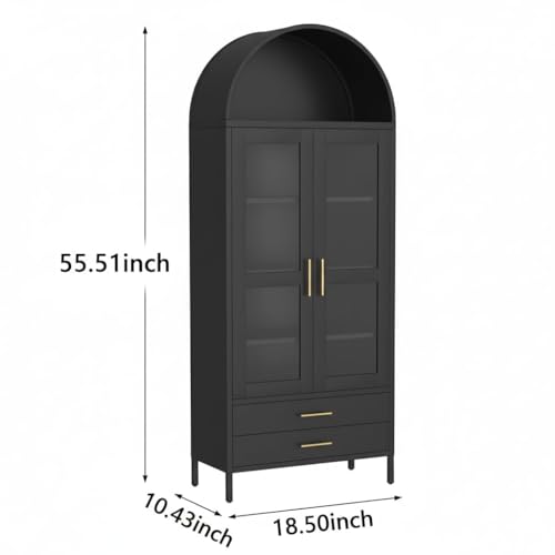 Tall Arched Storage Cabinet 73", Black Metal Curio Cabinet with Glass Door, 2 Drawers and 2 Adjustable Shelves, Modern Freestanding Display Cabinet for Living Room, Dining Room, Entryway, Home Office
