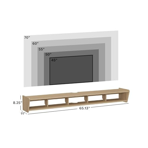 Zee Modern Floating Mounted Minimalist TV Stand, 65 Inch Length, for TVs up to 70 Inches, Coastal Oak