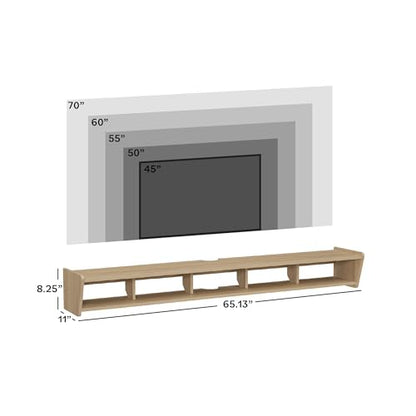 Zee Modern Floating Mounted Minimalist TV Stand, 65 Inch Length, for TVs up to 70 Inches, Coastal Oak