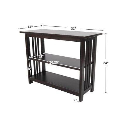 Mission 3-Tier Under Window Bookshelf with Adjustable Middle Shelf and Vertical Slat Side Panels – Space Saving Bookcase for Office, Living Room, or Bedroom (Espresso)