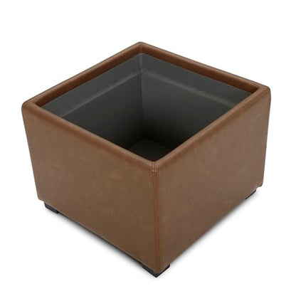 CHITA Storage Ottoman Cube with Tray Lid, Small Footstool with Storage, Square End Table for Living Room and Bedroom, Faux Leather in Saddle Brown