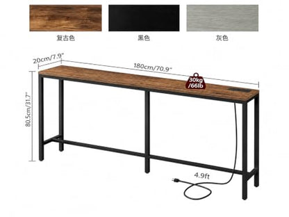 70.9" Console Table with Power Outlet, Narrow Sofa Table, Brown, view 3
