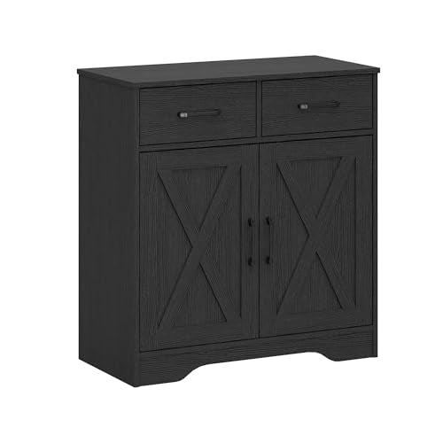 Sideboard 2 Drawers 2 Doors Entryway Storage Cabinet Living Room Organizer Farmhouse Style Wooden Kitchen Cupboard (Black)