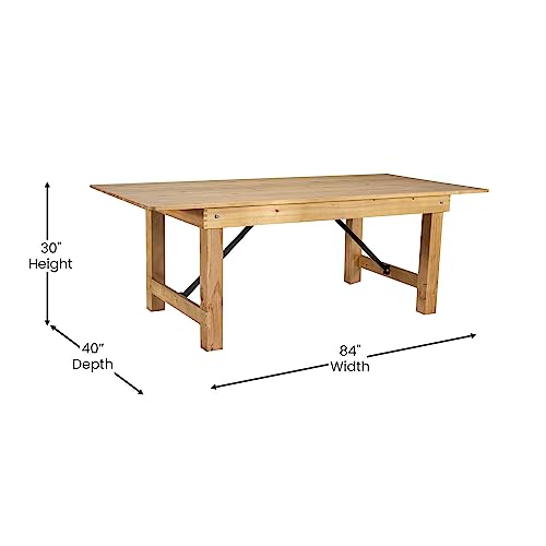 HERCULES 7' x 40" Rectangular Antique Rustic Solid Pine Folding Farm Table, Light Natural