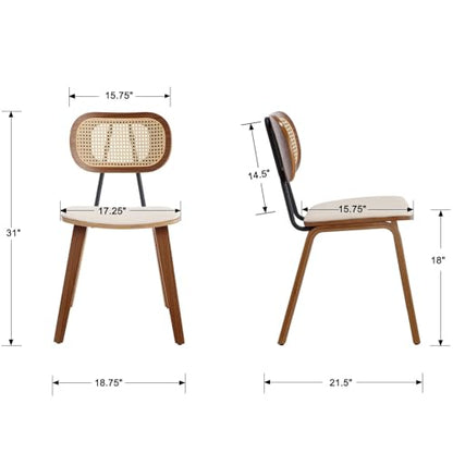 Mid-Century Dining Chairs Set of 2, PU Leather Kitchen Chairs with Rattan Backrest Wooden Legs Armless Design for Dining Room Living Room, Beige