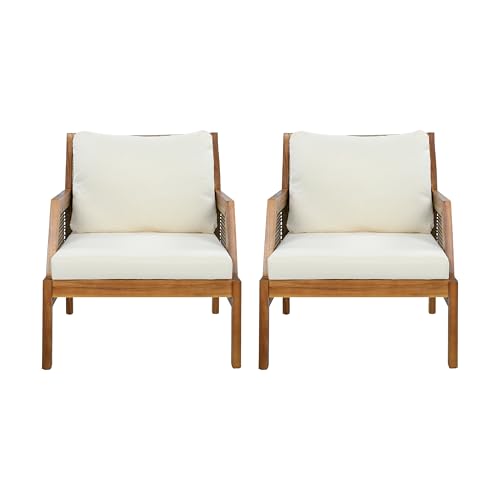 Zura Set of 2 Bohemian Acacia Wood Patio Accent Chair, Lounge Chair Outdoor Set with Wicker Accent, Patio Furniture Single Sofa with Water-Repellent Cushions, Teak+Beige