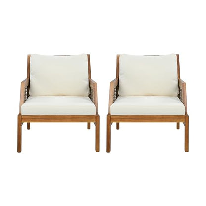 Zura Set of 2 Bohemian Acacia Wood Patio Accent Chair, Lounge Chair Outdoor Set with Wicker Accent, Patio Furniture Single Sofa with Water-Repellent Cushions, Teak+Beige