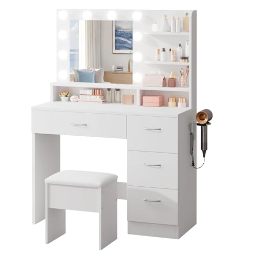 White Makeup Vanity Desk with Charging Station & 4 Drawers, view 4