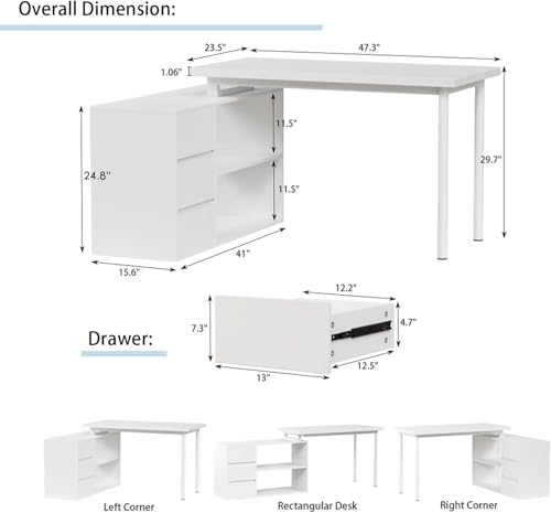 L Shaped Computer Desk, 47 Inch Home Office Desk with File Drawers & Storage Shelves, Small Corner Computer Desk for Small Space (White)