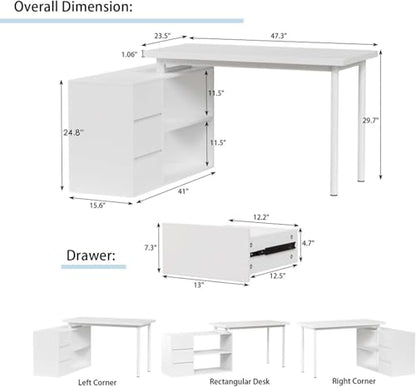 L Shaped Computer Desk, 47 Inch Home Office Desk with File Drawers & Storage Shelves, Small Corner Computer Desk for Small Space (White)