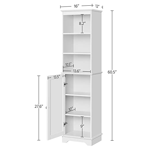 Yaheetech Tall Slim Storage Cabinet with 3 Shelves & Door, Freestanding Linen Cabinet for Bathroom, Living Room, Entryway, 16 x 12 x 60.5 Inches, White