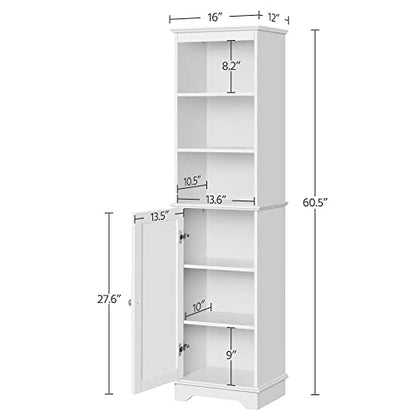 Yaheetech Tall Slim Storage Cabinet with 3 Shelves & Door, Freestanding Linen Cabinet for Bathroom, Living Room, Entryway, 16 x 12 x 60.5 Inches, White