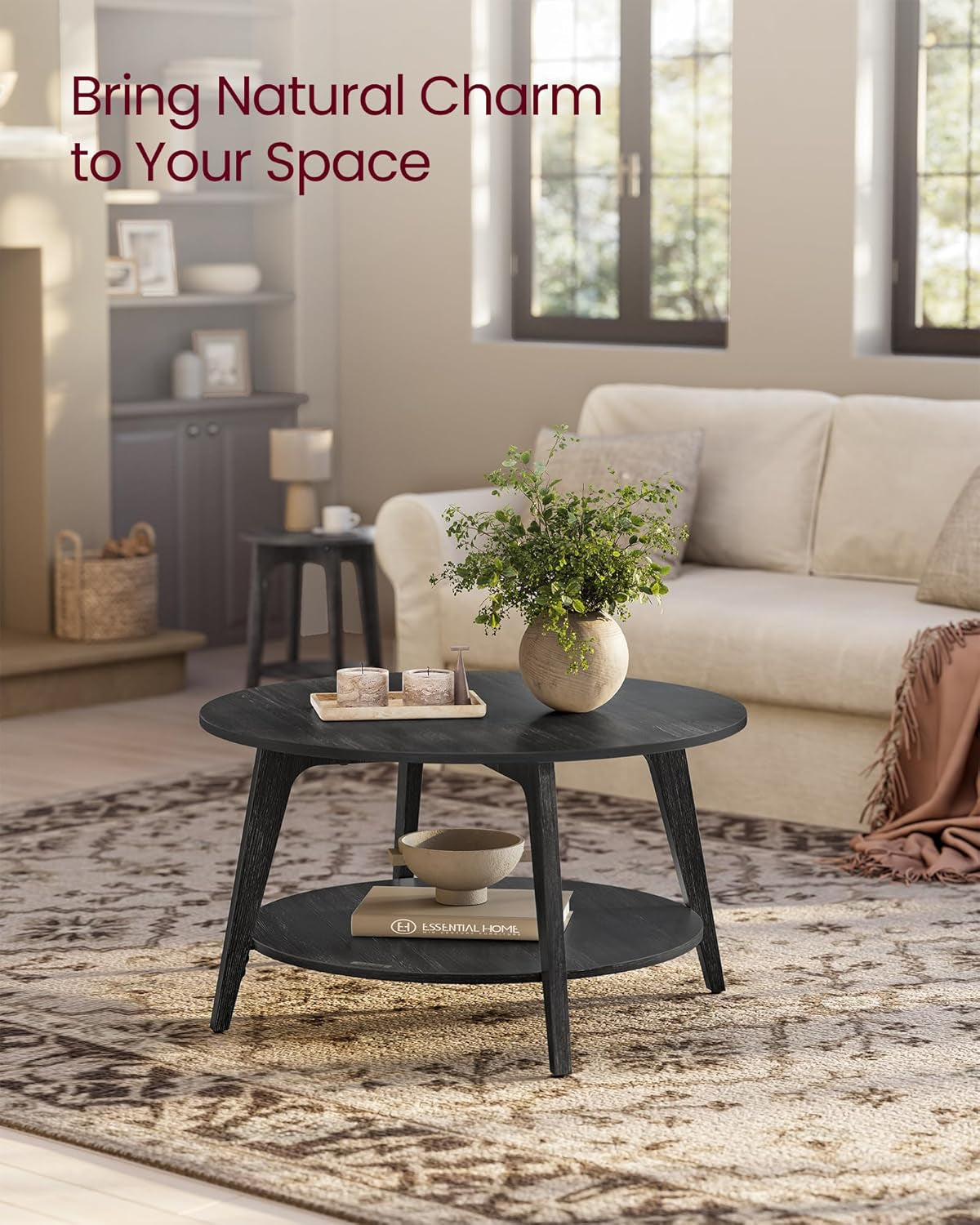 round Coffee Table, 2 Tier Coffee Table with Storage, for Living Room, 31.5 X 17.7 Inches, Easy to Assemble, Snow White ULCT243W14