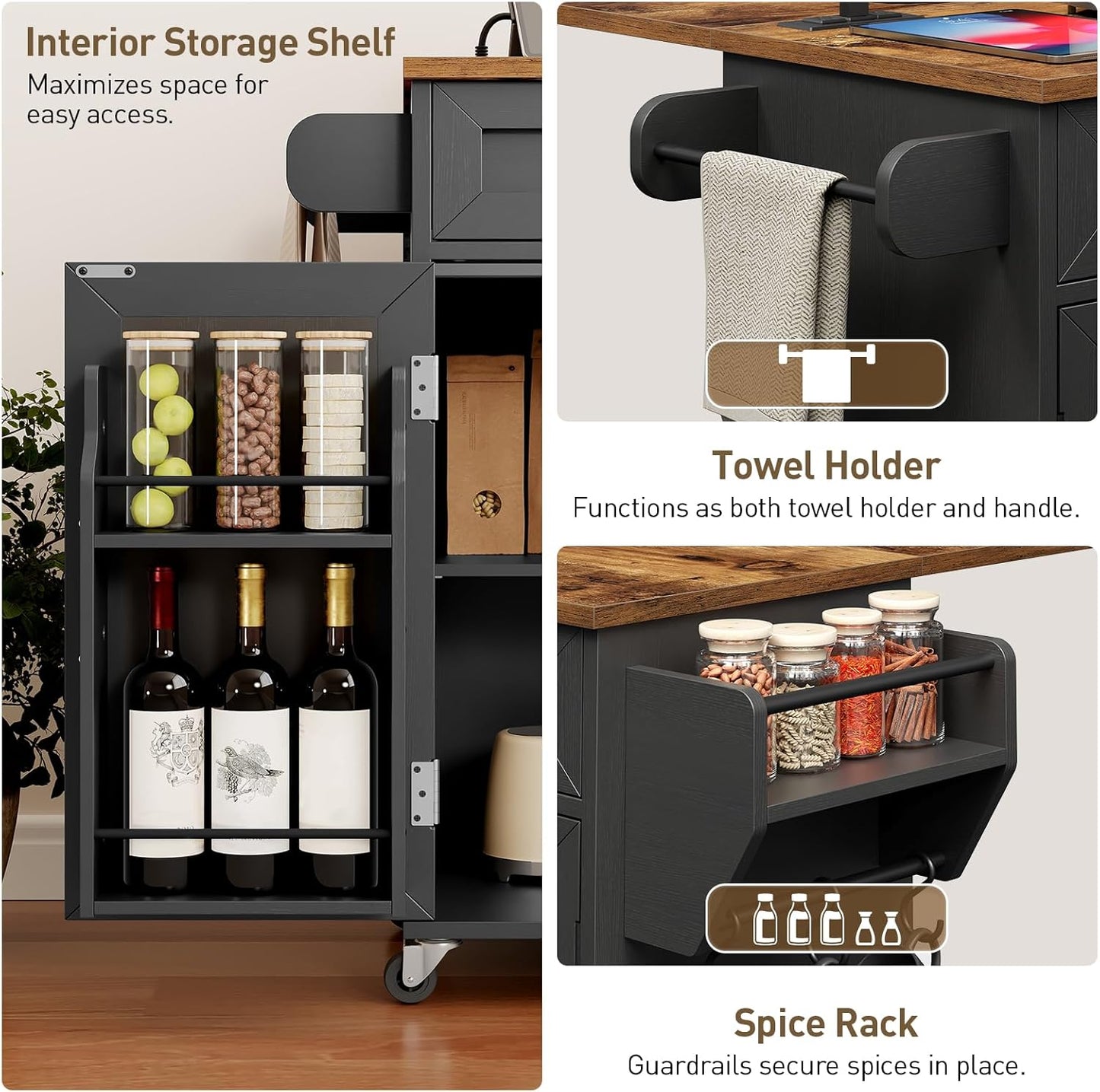 Kitchen Island with Power Outlets & Drop Leaf, Kitchen Cart with Storage, Drawer and Spice Rack, Tower Rack, Island Table, Black and Rustic Brown