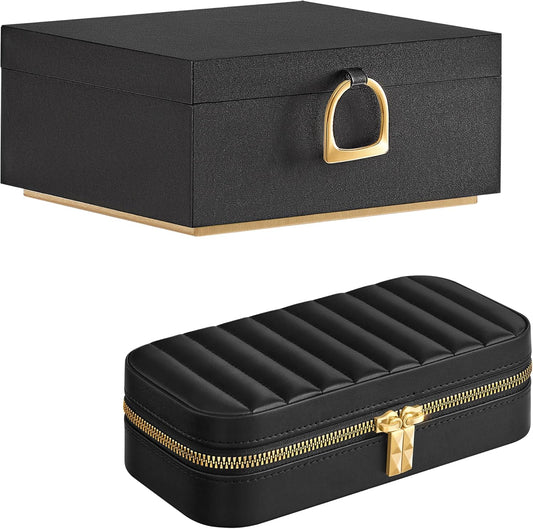 2-Layer Jewelry Box with Handle and Rectangular Travel Jewelry Box Bundle, Removable Jewelry Tray, with Mirror, PU, Zippers, Gift Idea, Ink Black UJBC165B01 and UJBC180B01