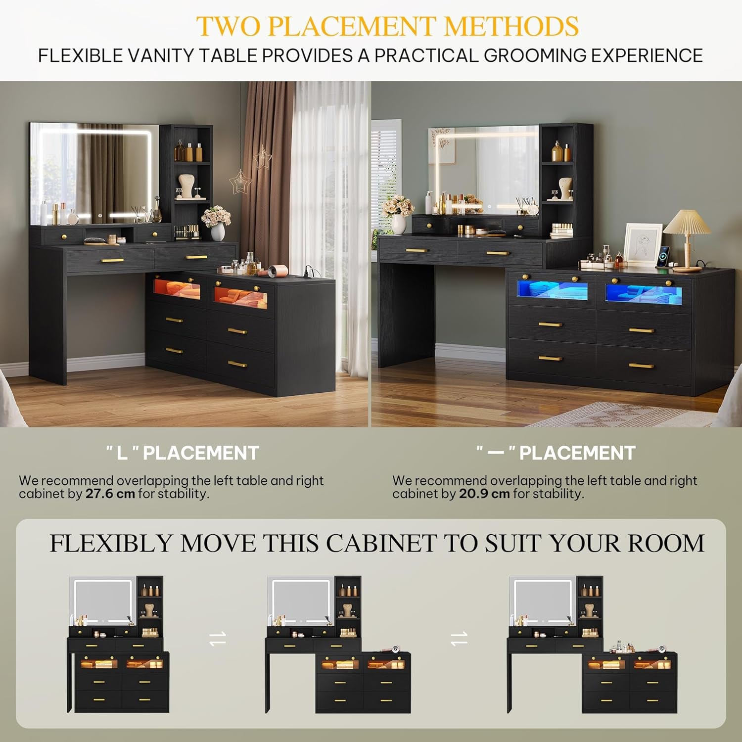 Large Vanity Desk with Mirror - RGB LED and Charging Station, Make up Vanity Mirror with 3 Lights Mode and Brightness Adjusted, Large Storage Space-10 Drawers, 3 Open Shelves, Black